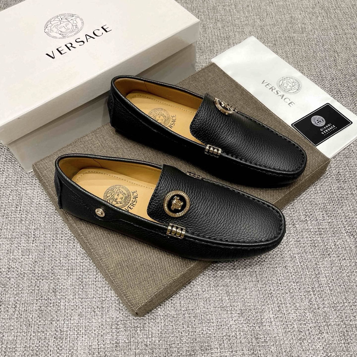 Versace Black Textured Slip-On Loafers